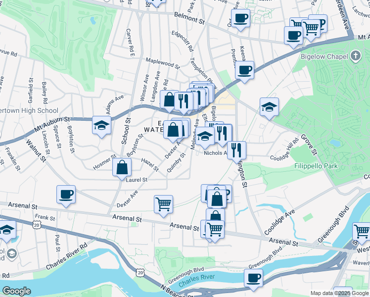 map of restaurants, bars, coffee shops, grocery stores, and more near 87 Melendy Avenue in Watertown