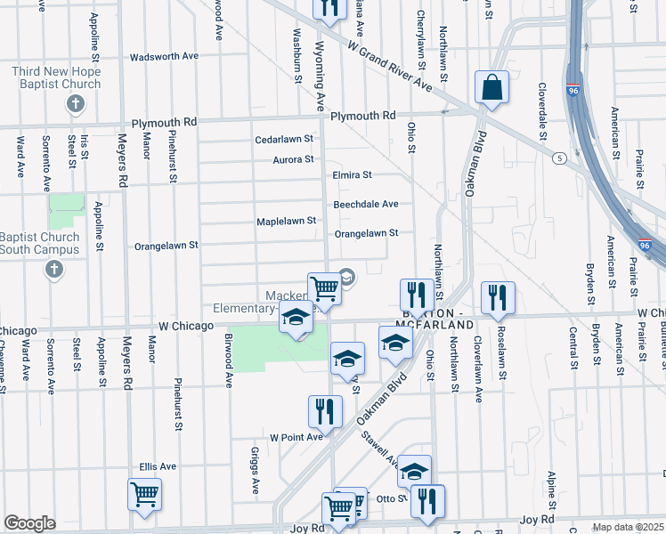 map of restaurants, bars, coffee shops, grocery stores, and more near 9639 Wyoming Avenue in Detroit