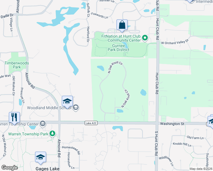 map of restaurants, bars, coffee shops, grocery stores, and more near 34720 Red Oak Drive in Gurnee