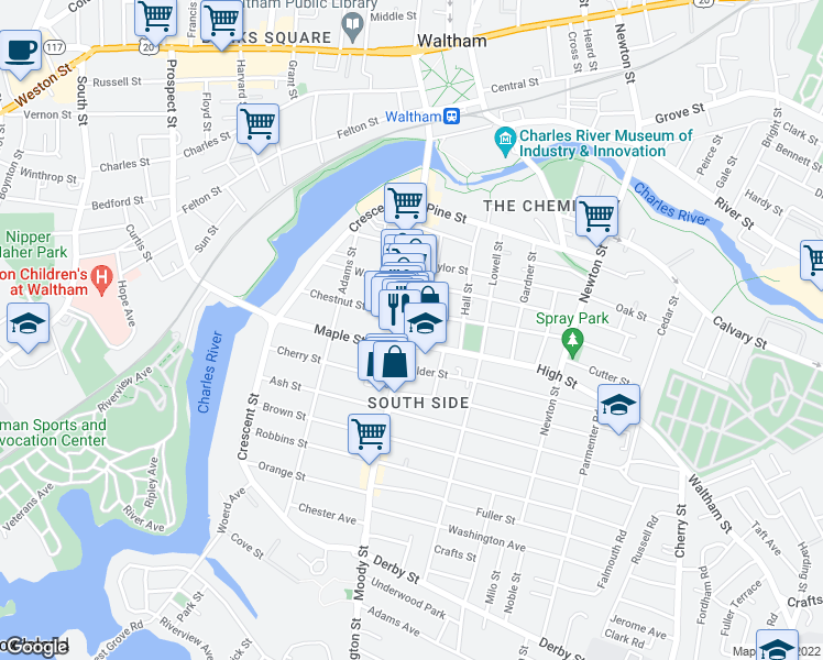 map of restaurants, bars, coffee shops, grocery stores, and more near 468 Moody Street in Waltham