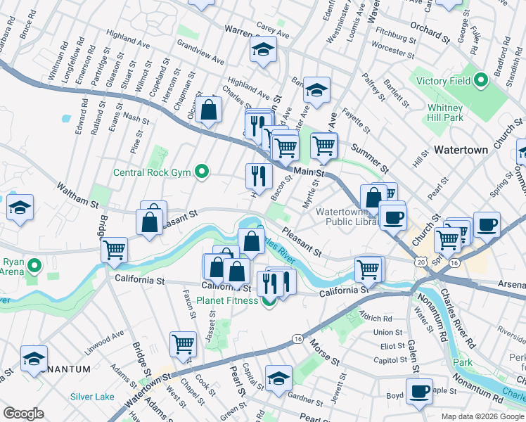 map of restaurants, bars, coffee shops, grocery stores, and more near in Watertown