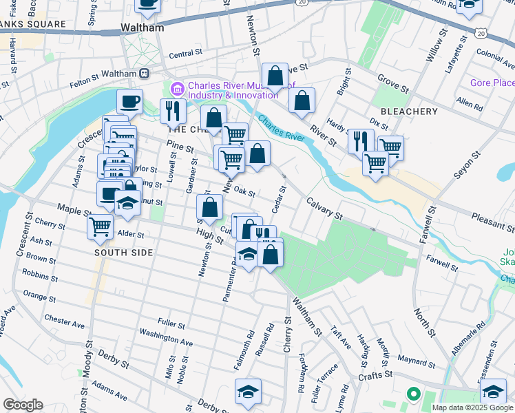 map of restaurants, bars, coffee shops, grocery stores, and more near 40 Clinton Street in Waltham