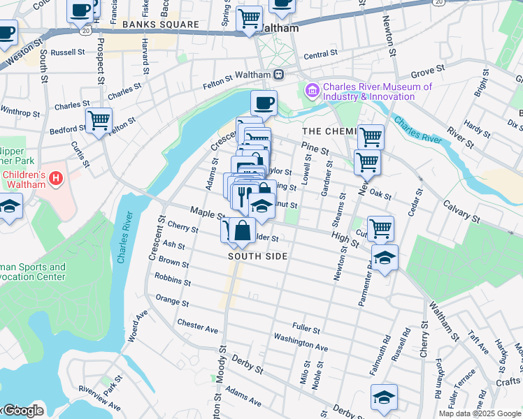 map of restaurants, bars, coffee shops, grocery stores, and more near 97 Chestnut Street in Waltham