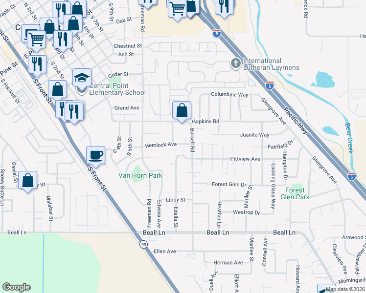 map of restaurants, bars, coffee shops, grocery stores, and more near 913 Pittview Court in Central Point