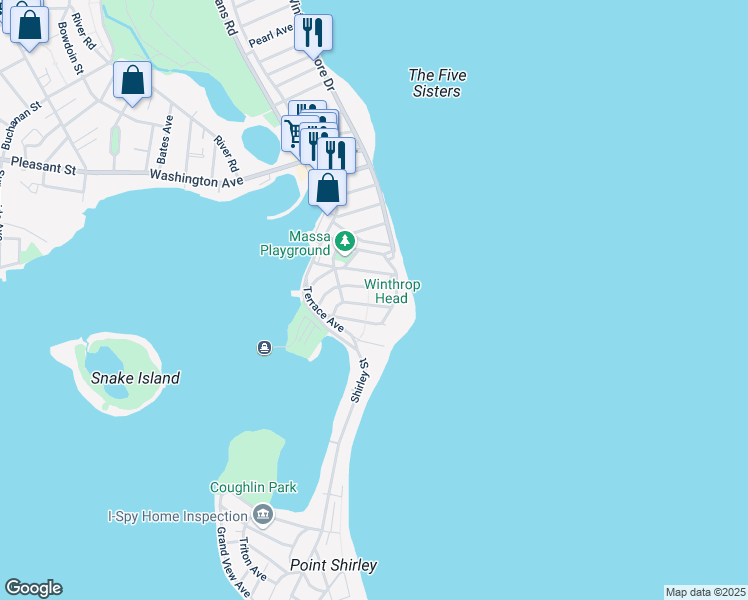 map of restaurants, bars, coffee shops, grocery stores, and more near 94 Faun Bar Avenue in Winthrop