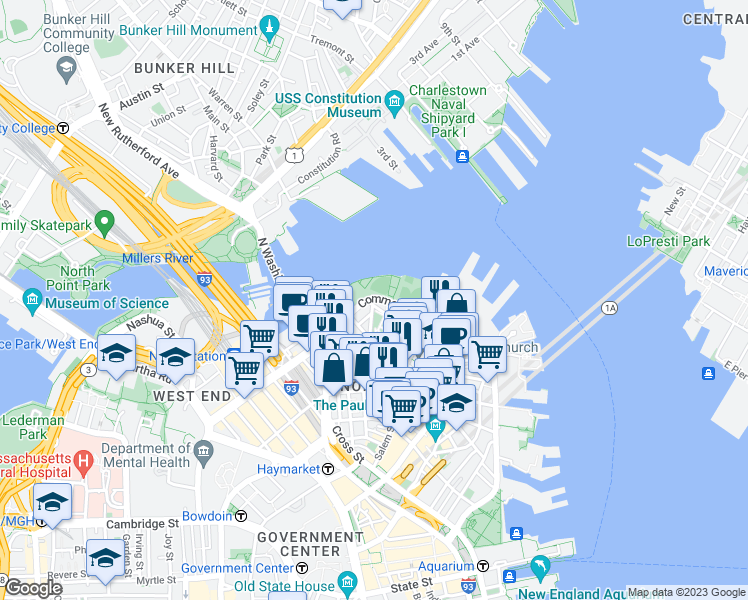 map of restaurants, bars, coffee shops, grocery stores, and more near 50 Snow Hill Street in Boston