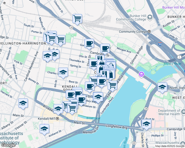 map of restaurants, bars, coffee shops, grocery stores, and more near in Cambridge