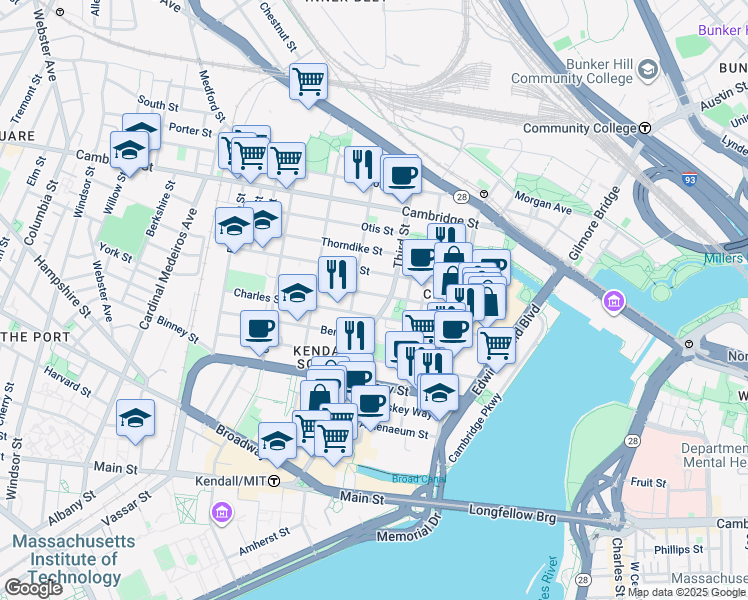map of restaurants, bars, coffee shops, grocery stores, and more near 126-132 Charles Street in Cambridge