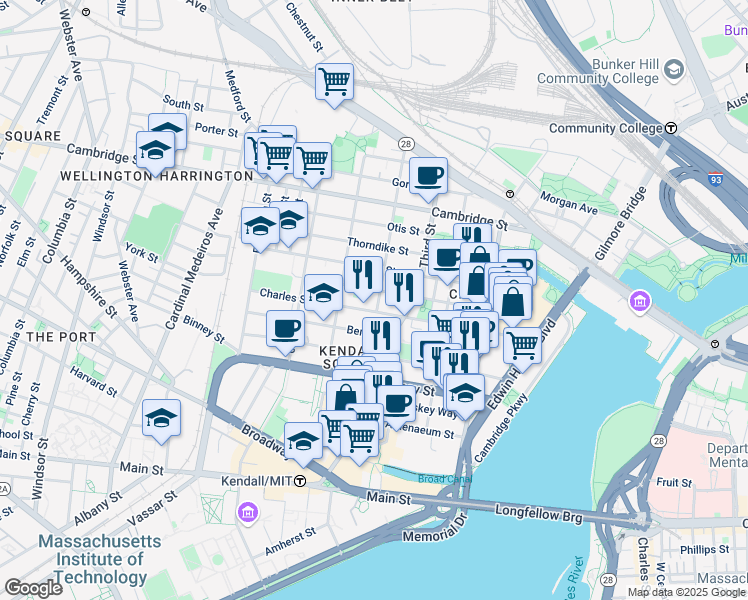 map of restaurants, bars, coffee shops, grocery stores, and more near 126-132 Charles Street in Cambridge