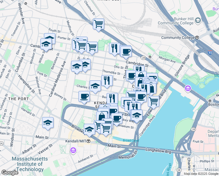 map of restaurants, bars, coffee shops, grocery stores, and more near 126-132 Charles Street in Cambridge
