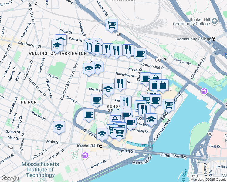 map of restaurants, bars, coffee shops, grocery stores, and more near 190 5th Street in Cambridge