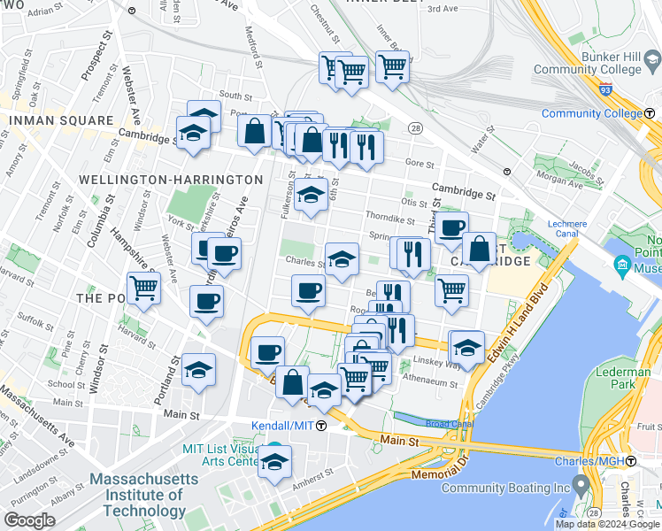 map of restaurants, bars, coffee shops, grocery stores, and more near 254 Bent Street in Cambridge