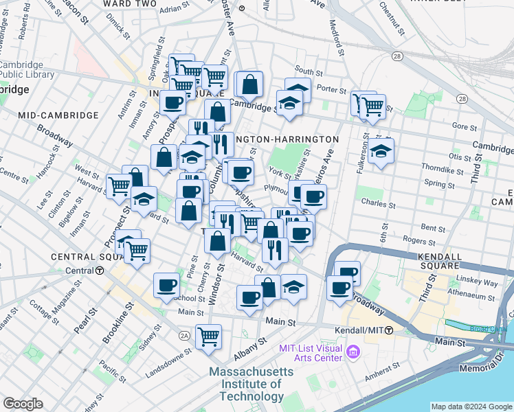 map of restaurants, bars, coffee shops, grocery stores, and more near 86 Bristol Street in Cambridge