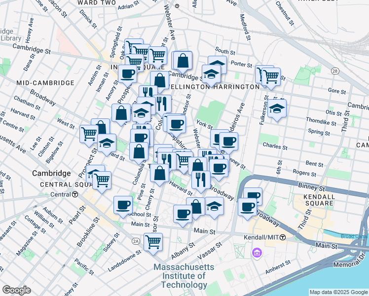 map of restaurants, bars, coffee shops, grocery stores, and more near 86 Bristol Street in Cambridge