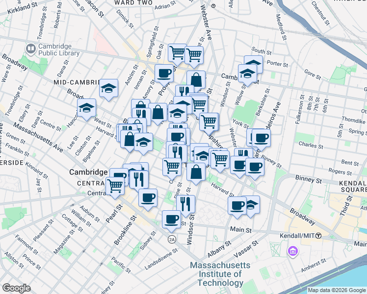 map of restaurants, bars, coffee shops, grocery stores, and more near 268 Broadway in Cambridge