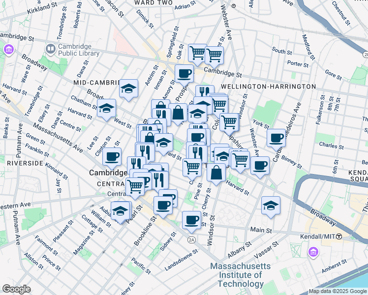 map of restaurants, bars, coffee shops, grocery stores, and more near 14 Elm Street in Cambridge