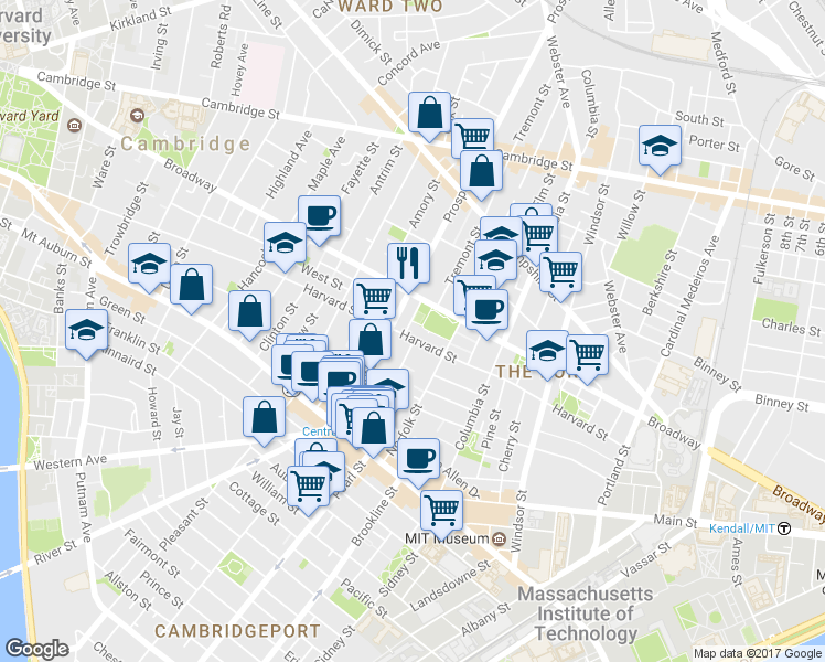 map of restaurants, bars, coffee shops, grocery stores, and more near 55 Essex Street in Cambridge
