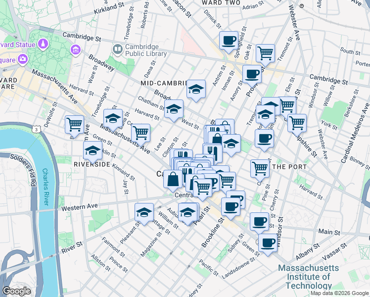 map of restaurants, bars, coffee shops, grocery stores, and more near 151 Bishop Allen Drive in Cambridge