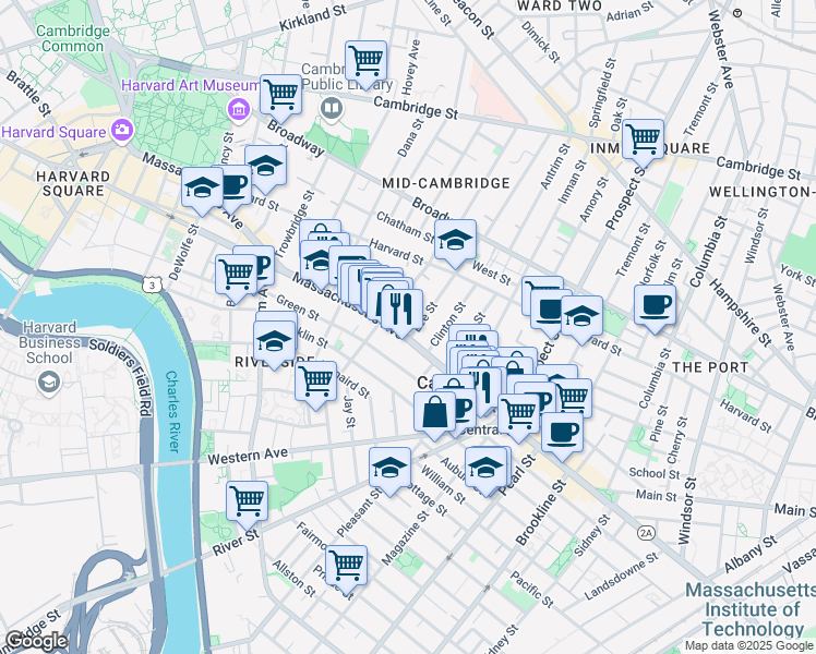 map of restaurants, bars, coffee shops, grocery stores, and more near 864 Massachusetts Avenue in Cambridge