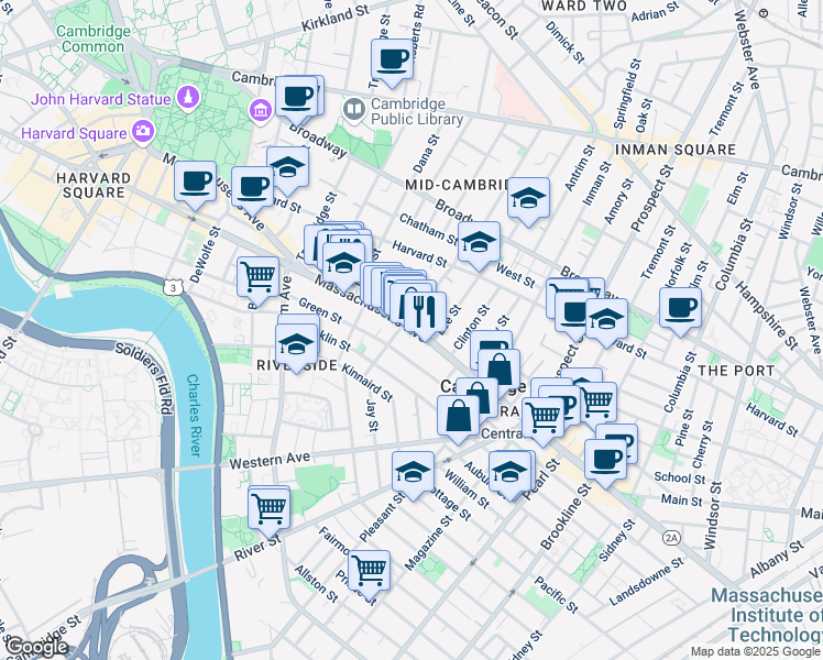 map of restaurants, bars, coffee shops, grocery stores, and more near 512 Green Street in Cambridge
