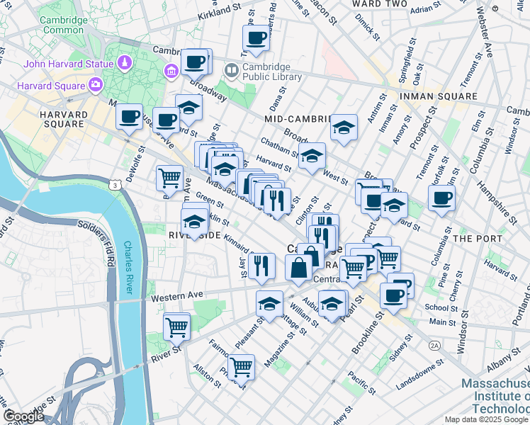 map of restaurants, bars, coffee shops, grocery stores, and more near 512 Green Street in Cambridge
