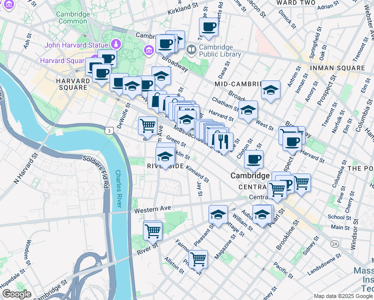 map of restaurants, bars, coffee shops, grocery stores, and more near 488 Franklin Street in Cambridge
