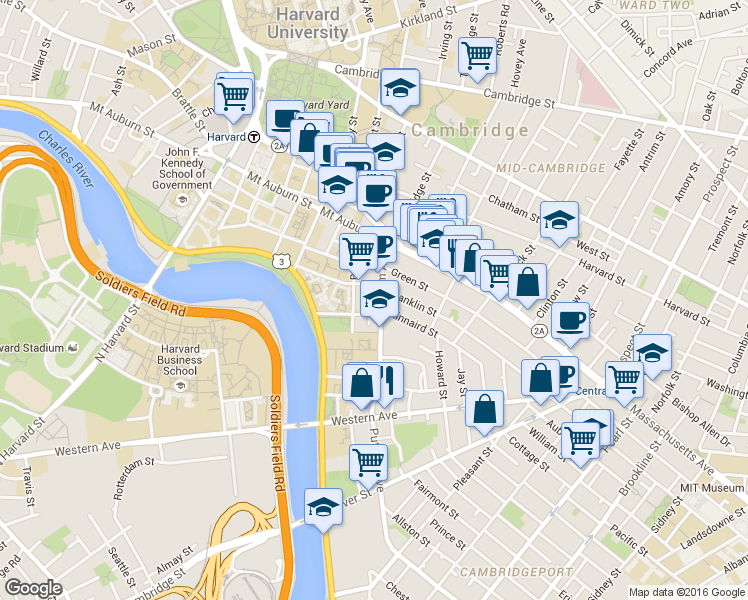 map of restaurants, bars, coffee shops, grocery stores, and more near 81 Putnam Avenue in Cambridge