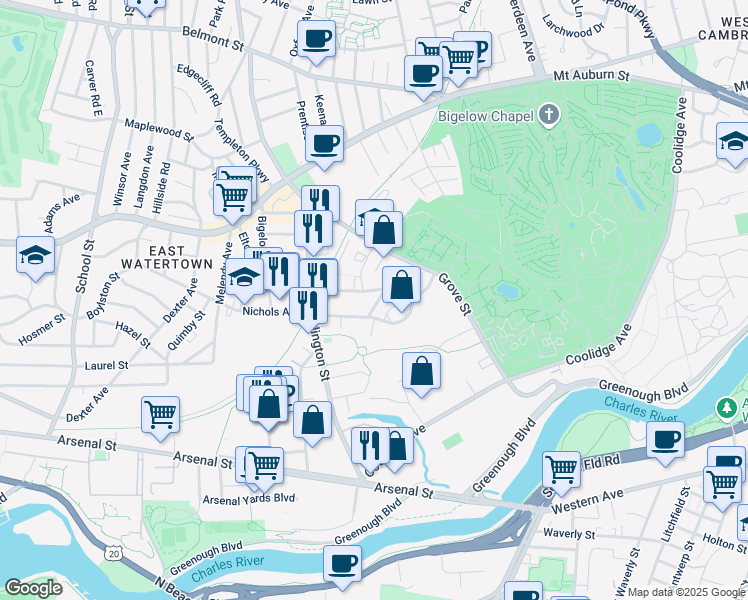 map of restaurants, bars, coffee shops, grocery stores, and more near 67 Coolidge Hill Road in Watertown
