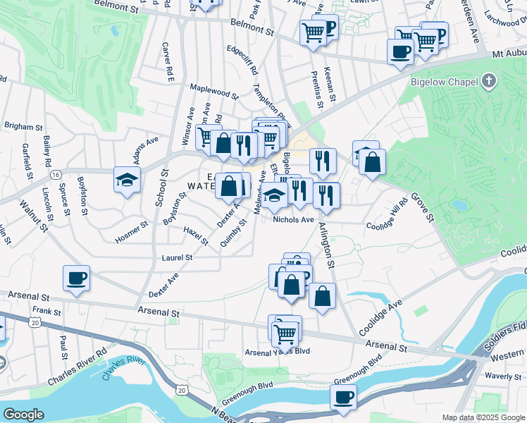 map of restaurants, bars, coffee shops, grocery stores, and more near 47 Nichols Avenue in Watertown