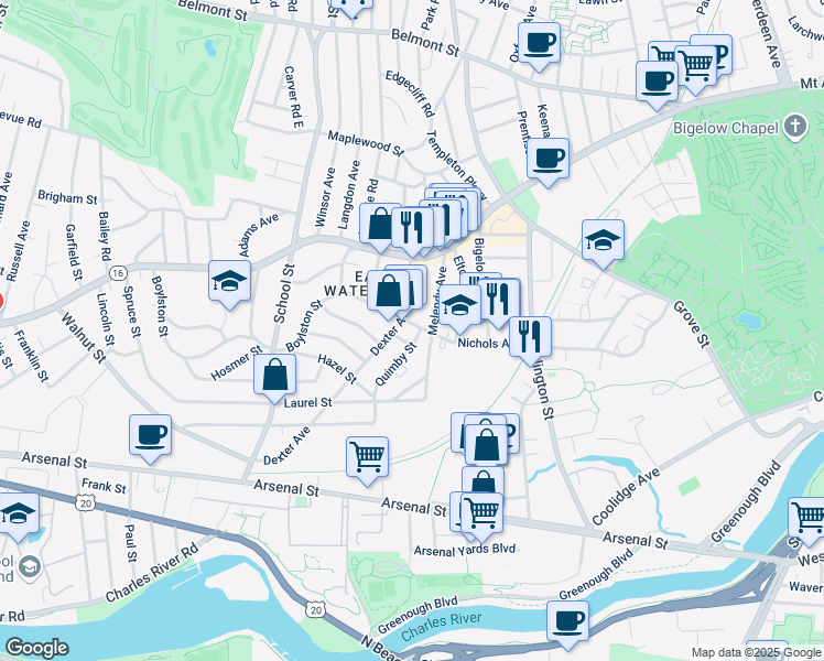 map of restaurants, bars, coffee shops, grocery stores, and more near 87 Melendy Avenue in Watertown