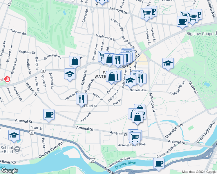 map of restaurants, bars, coffee shops, grocery stores, and more near 78 Dexter Avenue in Watertown