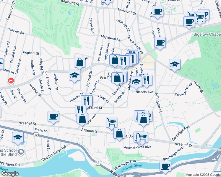 map of restaurants, bars, coffee shops, grocery stores, and more near 18 Fairfield Street in Watertown