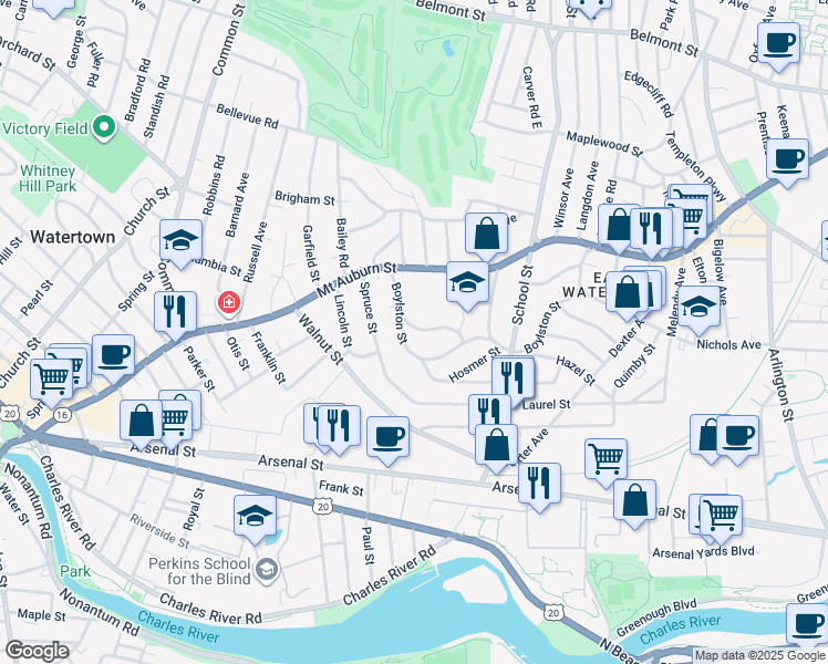 map of restaurants, bars, coffee shops, grocery stores, and more near 86 Boylston Street in Watertown