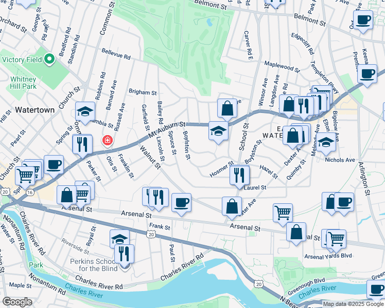 map of restaurants, bars, coffee shops, grocery stores, and more near 86 Boylston Street in Watertown