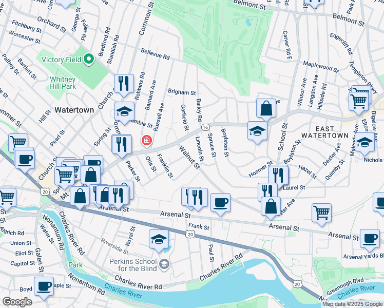 map of restaurants, bars, coffee shops, grocery stores, and more near 100 Franklin Street in Watertown