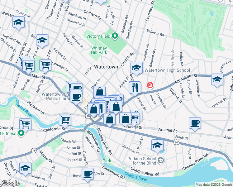 map of restaurants, bars, coffee shops, grocery stores, and more near 92 Mount Auburn Street in Watertown