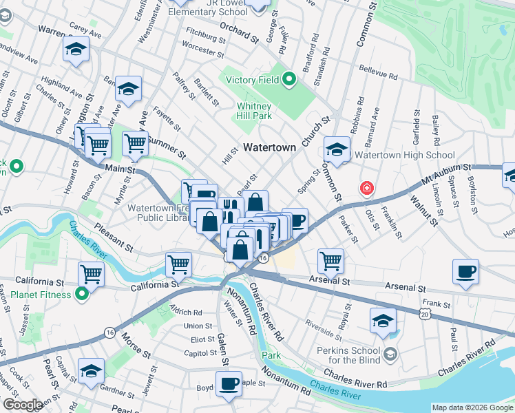 map of restaurants, bars, coffee shops, grocery stores, and more near 48 Summer Street in Watertown