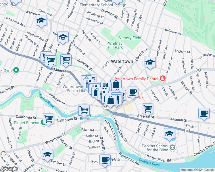 map of restaurants, bars, coffee shops, grocery stores, and more near 10A Winter Street in Watertown