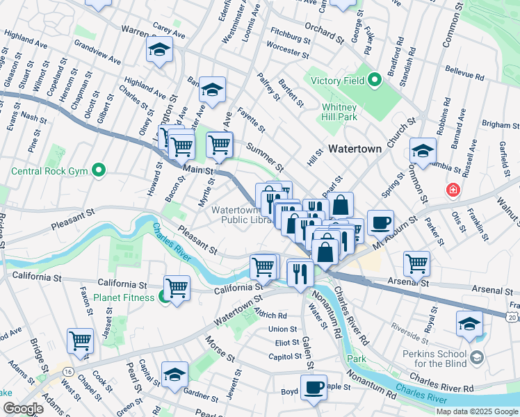 map of restaurants, bars, coffee shops, grocery stores, and more near 164 U.S. 20 in Watertown