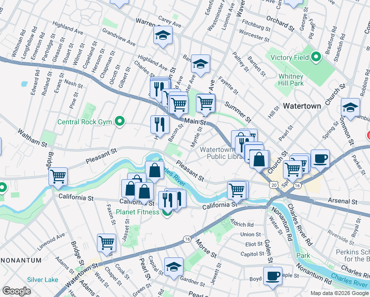 map of restaurants, bars, coffee shops, grocery stores, and more near 71 Myrtle Street in Watertown