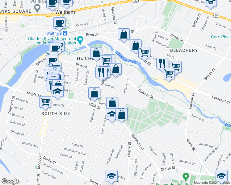 map of restaurants, bars, coffee shops, grocery stores, and more near 40 Clinton Street in Waltham