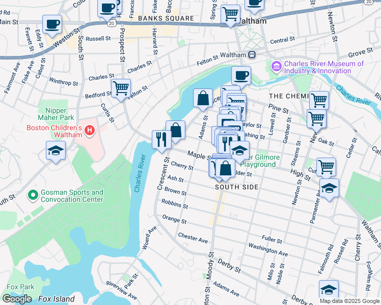 map of restaurants, bars, coffee shops, grocery stores, and more near 107 Adams Street in Waltham