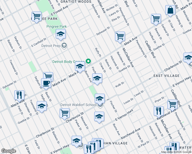 map of restaurants, bars, coffee shops, grocery stores, and more near 8650 Goethe Street in Detroit