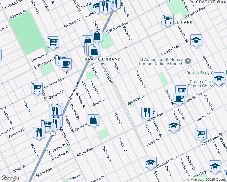 map of restaurants, bars, coffee shops, grocery stores, and more near 3990 Helen Street in Detroit