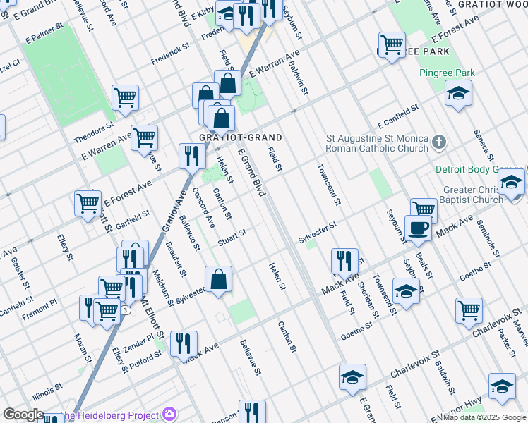 map of restaurants, bars, coffee shops, grocery stores, and more near 3990 Helen Street in Detroit