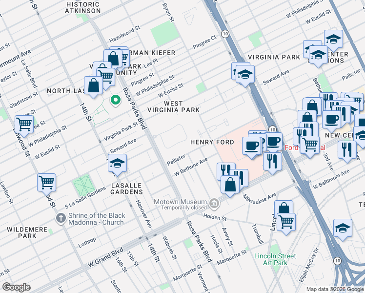 map of restaurants, bars, coffee shops, grocery stores, and more near 1707 Pallister in Detroit