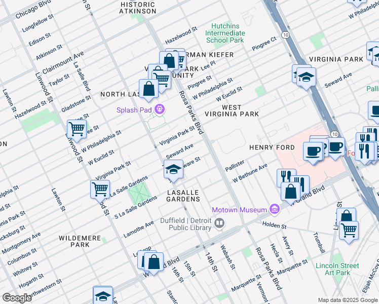 map of restaurants, bars, coffee shops, grocery stores, and more near 1985 Delaware Street in Detroit