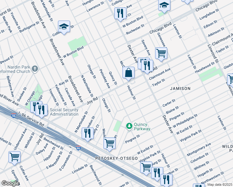 map of restaurants, bars, coffee shops, grocery stores, and more near 9019 Quincy Street in Detroit