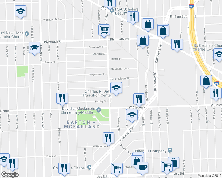 map of restaurants, bars, coffee shops, grocery stores, and more near 9639 Wyoming Avenue in Detroit