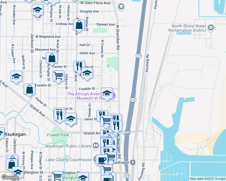 map of restaurants, bars, coffee shops, grocery stores, and more near 525 South Genesee Street in Waukegan